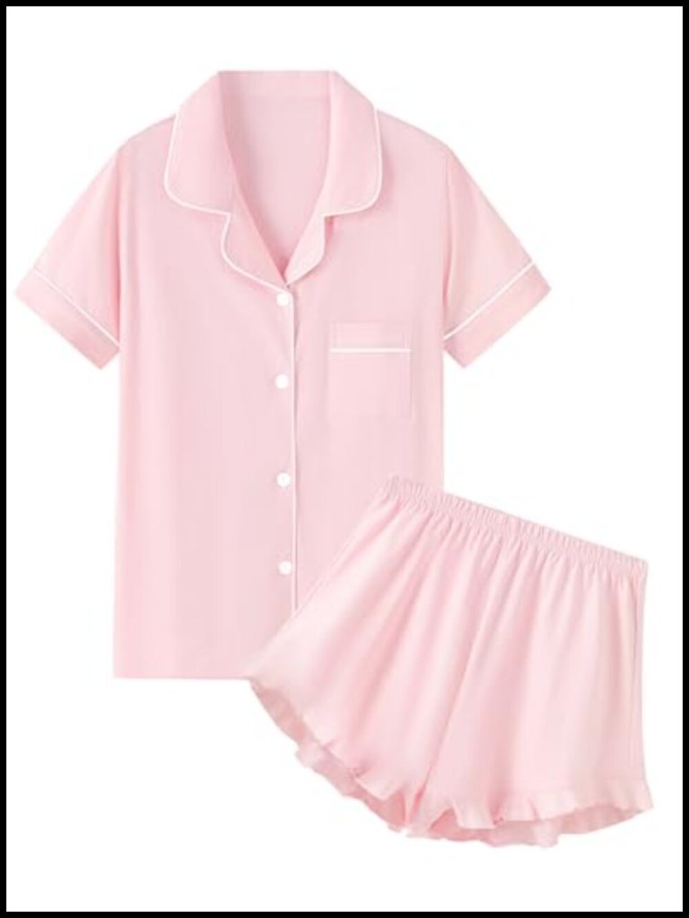 QZH.DUAO Cotton Pajama Set Short Sleeve Button Down Ruffle Shorts Sleepwear